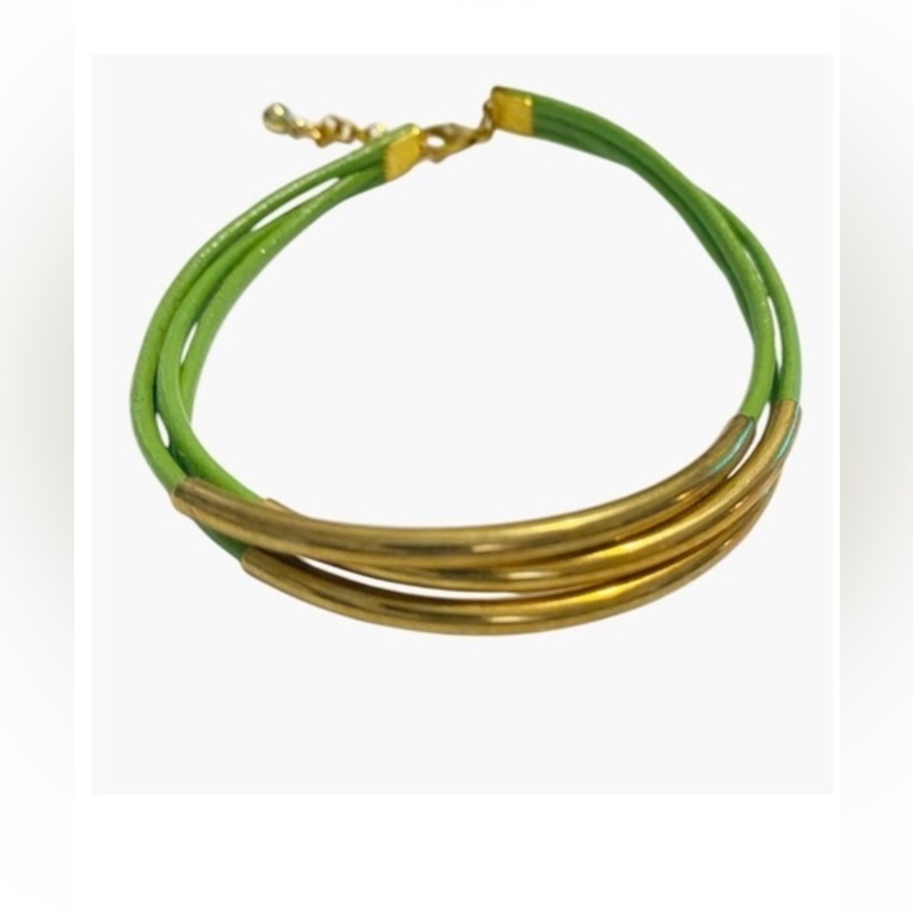 Lime Green Leather, Stackable Leather Strand Bracelets, Gold Plated Tube Bead…